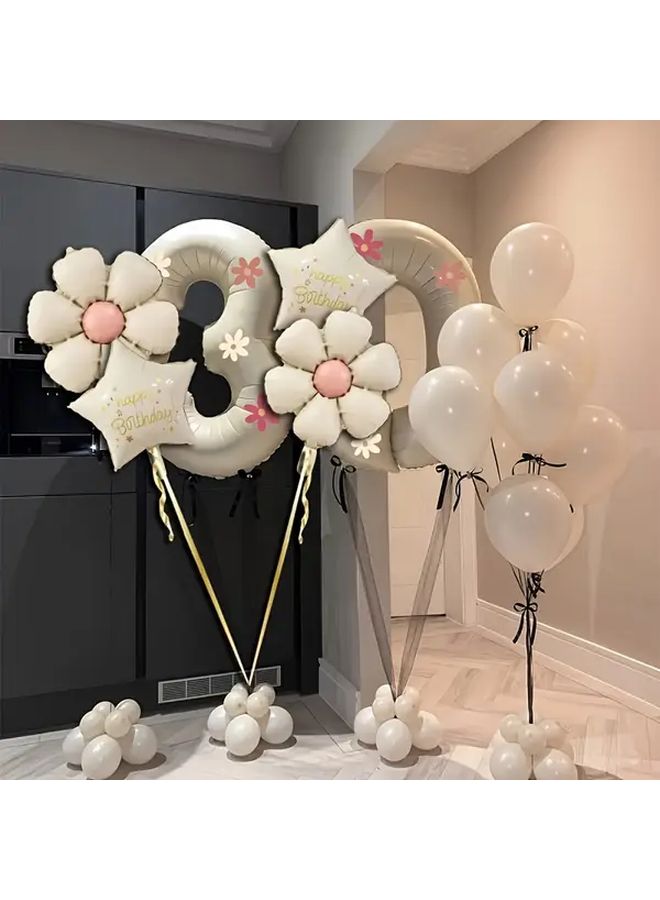 Cream White Number 1 Balloons With Floral And Star Decor For Birthday Party - Image 1