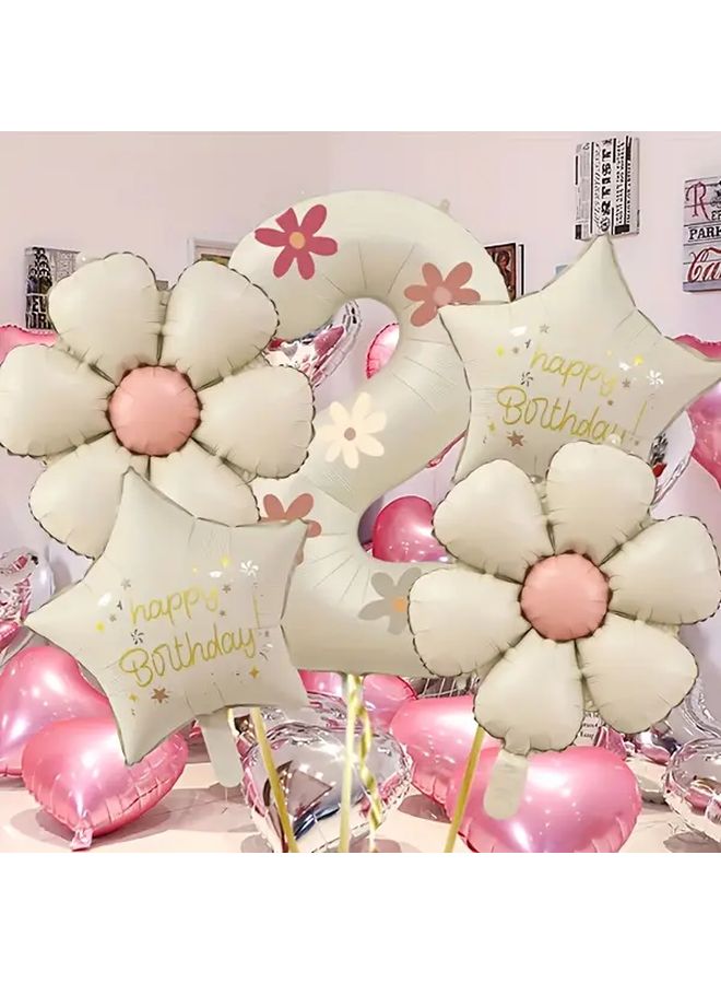Cream White Number 1 Balloons With Floral And Star Decor For Birthday Party - Image 4