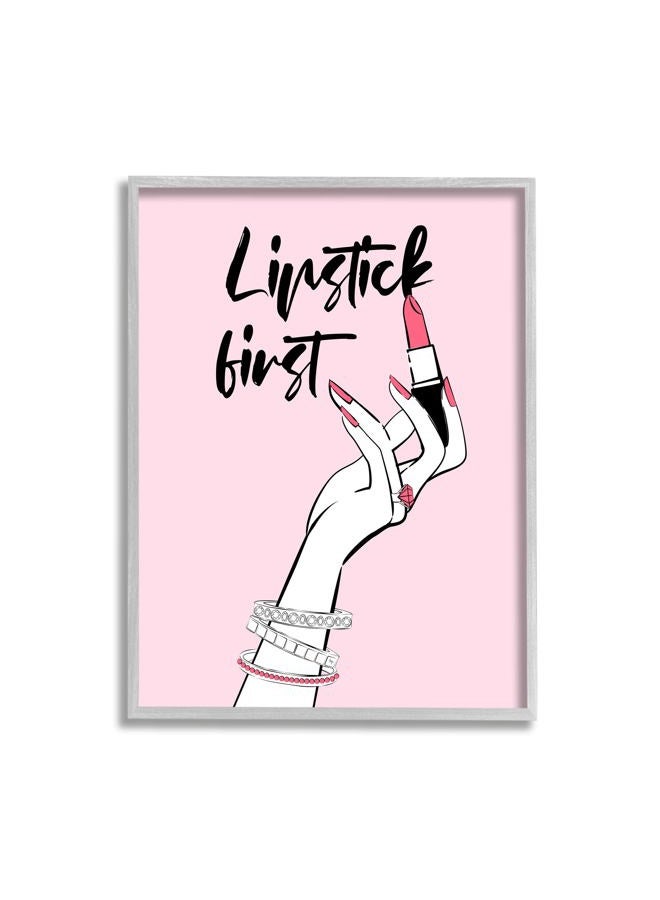 Stupell Industries Lipstick First Makeup Calligraphy Glamorous Phrase Jewelry Accessories, Design by Martina Pavlova - Image 1