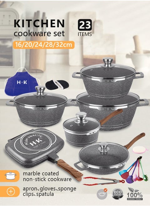 23-piece kitchen cookware set, casserole set and frying pan, with non-stick cookware set, glass lid, PFOA-free 16cm mMilk Pan + 20-24-28cm Casserole + 28cm Wok + 32cm Double-sided Frying pan + 10 Kichen item(Grey）