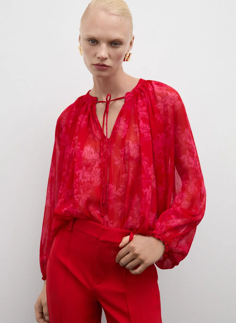 مانجو Transparent Floral-Print Blouse