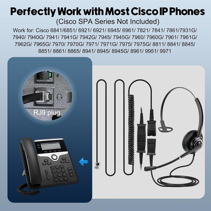 MKJ Cisco Headset for Office Phones Corded RJ9 Telephone Headset with Microphone Noise Cancelling for Cisco CP-7841 7861 7941G 7942G 7945G 7960G 7962G 7965G 7975G 8811 8845 8851 8861 8865 9951 9971 - Image 5