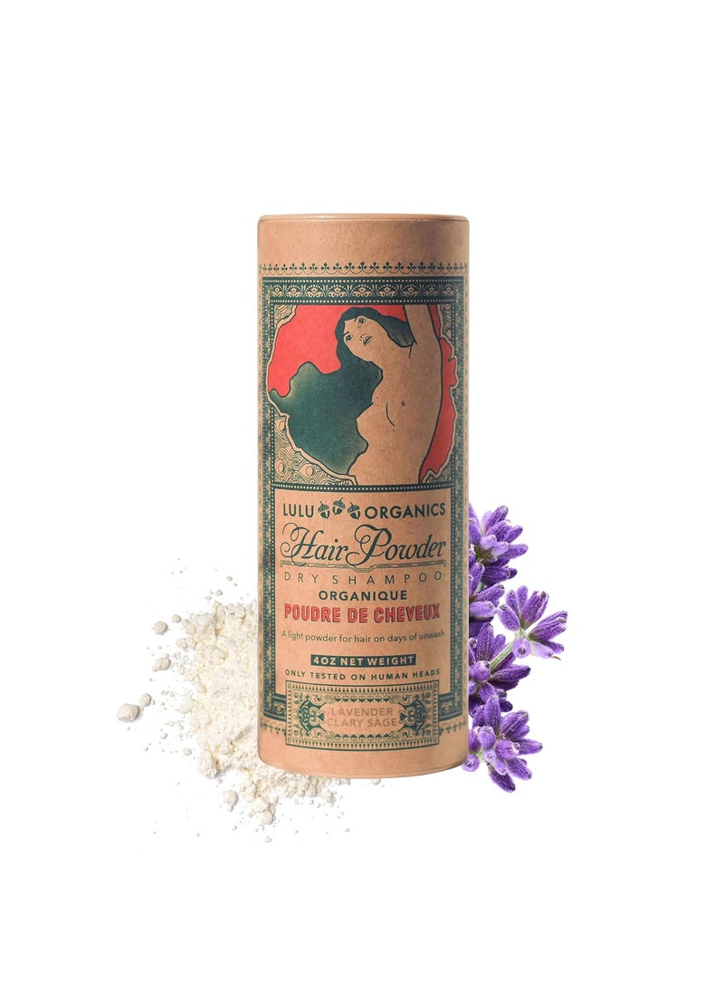 Lulu Organics Non Aerosol Dry Shampoo Powder for Dark, Blonde and Oily Hair, All Natural Organic Hair and Body Powder, Paraben &Talc free No White Cast Synthetic Fragrance, Lavender and Clary Sage - 4oz 