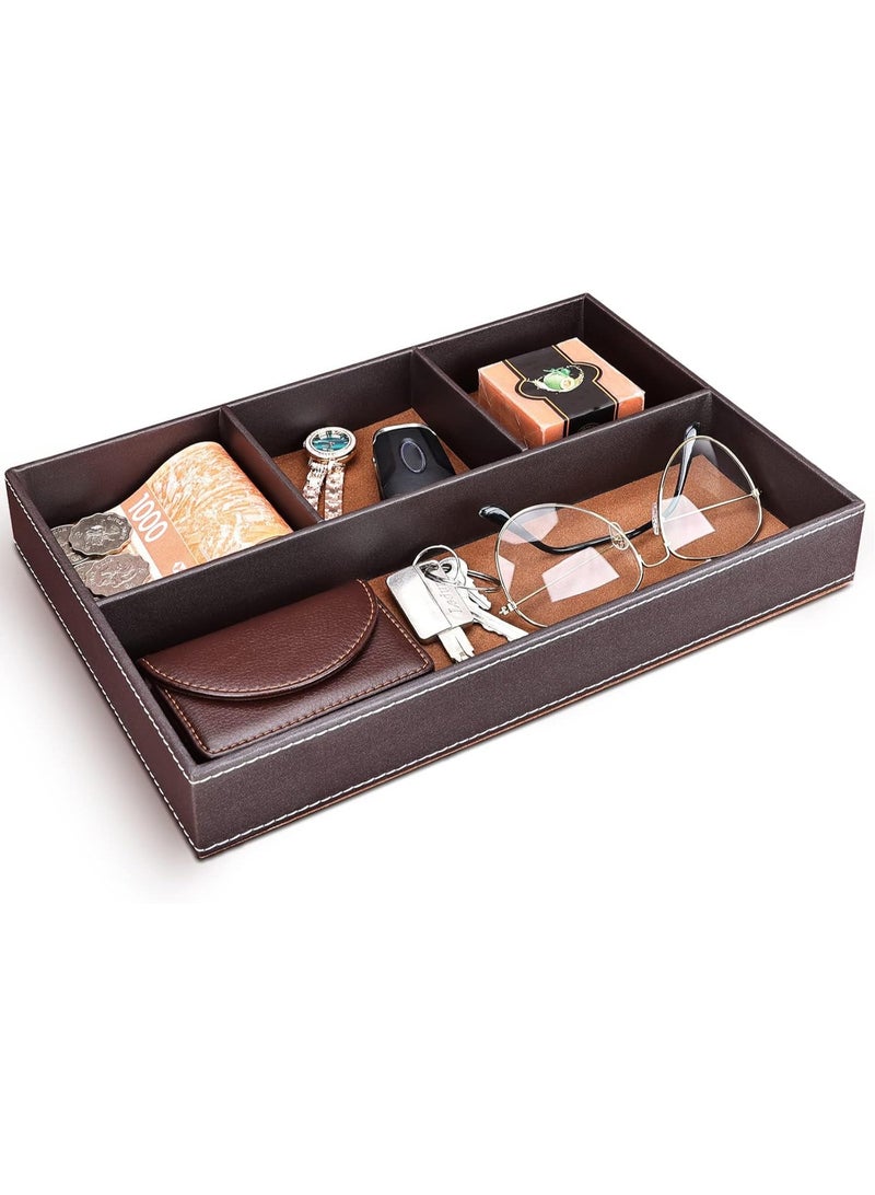 Faux Leather Valet Tray for Men, Stackable Jewelry Organizer Trays for Drawer Inserts, Nightstand Caddy for Key, Wallet, Sunglass, Watch, Coin, Phone, Bedside Desktop Storage (Brown) - Image 1