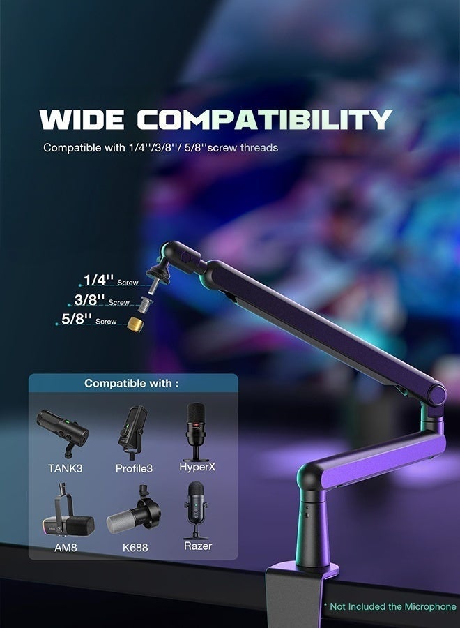 WALALLA Microphone Boom Arm, Low Profile Adjustable Stick Microphone Arm Stand with Desk Mount Clamp, Screw Adapter, for Podcast Streaming Gaming Studio, black - Image 4