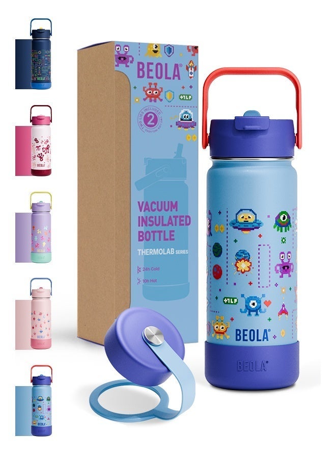 BEOLA 550ml Kids Water Bottle 18/8 Stainless Steel Double Wall Insulated thermo Bottle with Straw Lid and Wide Mouth, Hot Cold Liquids Sports School Bottle (19oz, Gaming) - Image 1