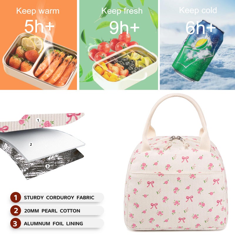 Bluboon Lunch Bag for Women Men Cute Corduroy Lunch Tote Bags Reusable Insulated Lunch Box Large Capacity Reusable Insulated Cooler for Work Picnic or Travel - Image 5