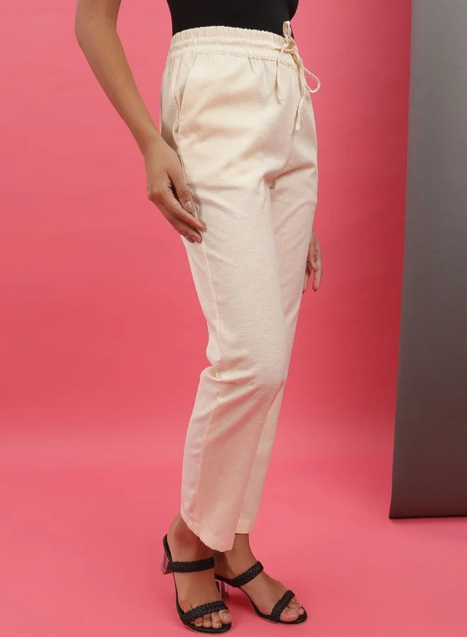 Freehand Freehand Women Cream Regular Fit Pants with Drawstring