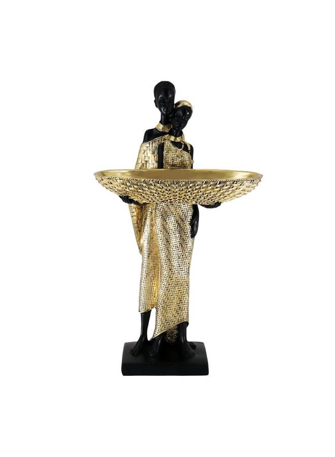 Dwelloria African Couple Resin Tray Sculpture – Black and Gold Decorative Bowl Statue for Entryway, Vanity, Coffee Table, Key Candy Jewelry Holder, Ethnic Art Home Decor Gift - Image 1