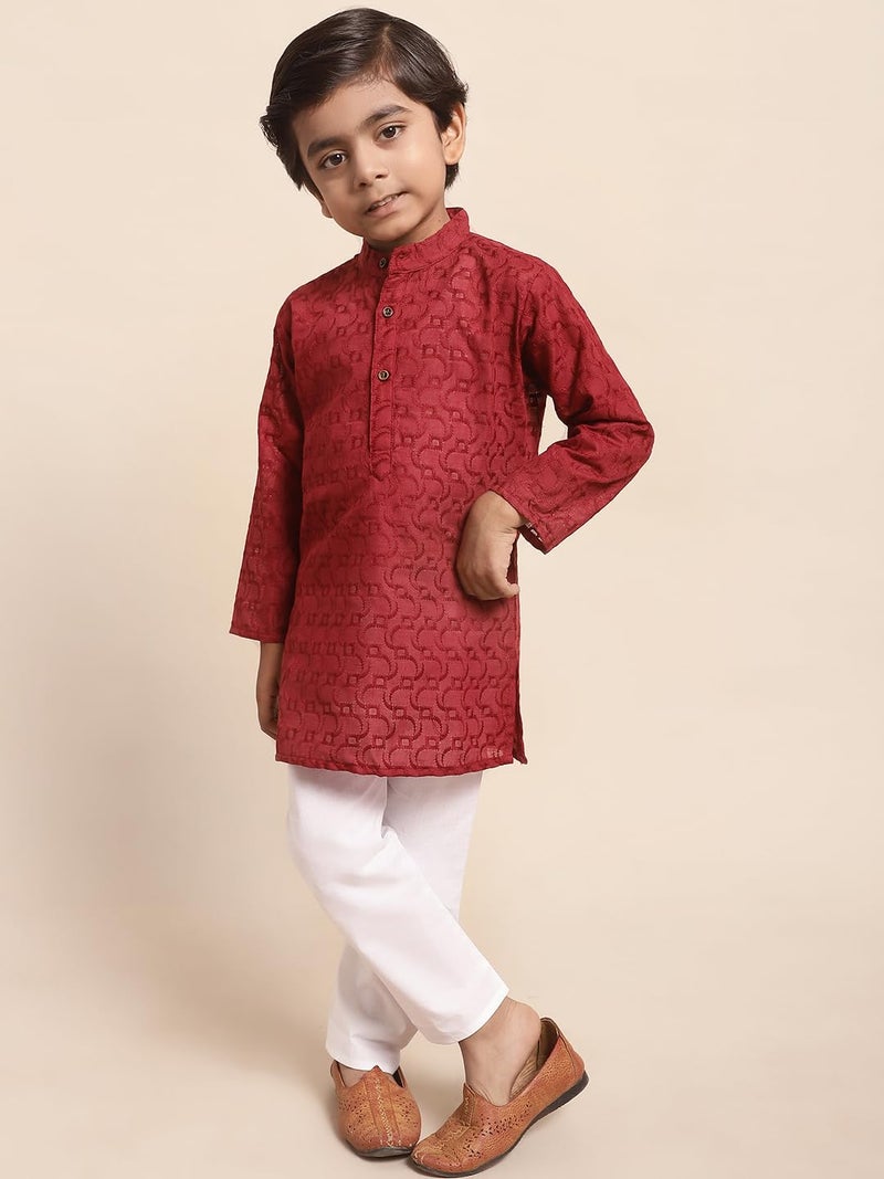 superminis Baby Boys Ethnic Wear Colored Cotton Chikankari Kurta, Round Collar, Full Sleeves With White Pyjama, Kurta Set (Maroon, 12-18 Months) - Image 5