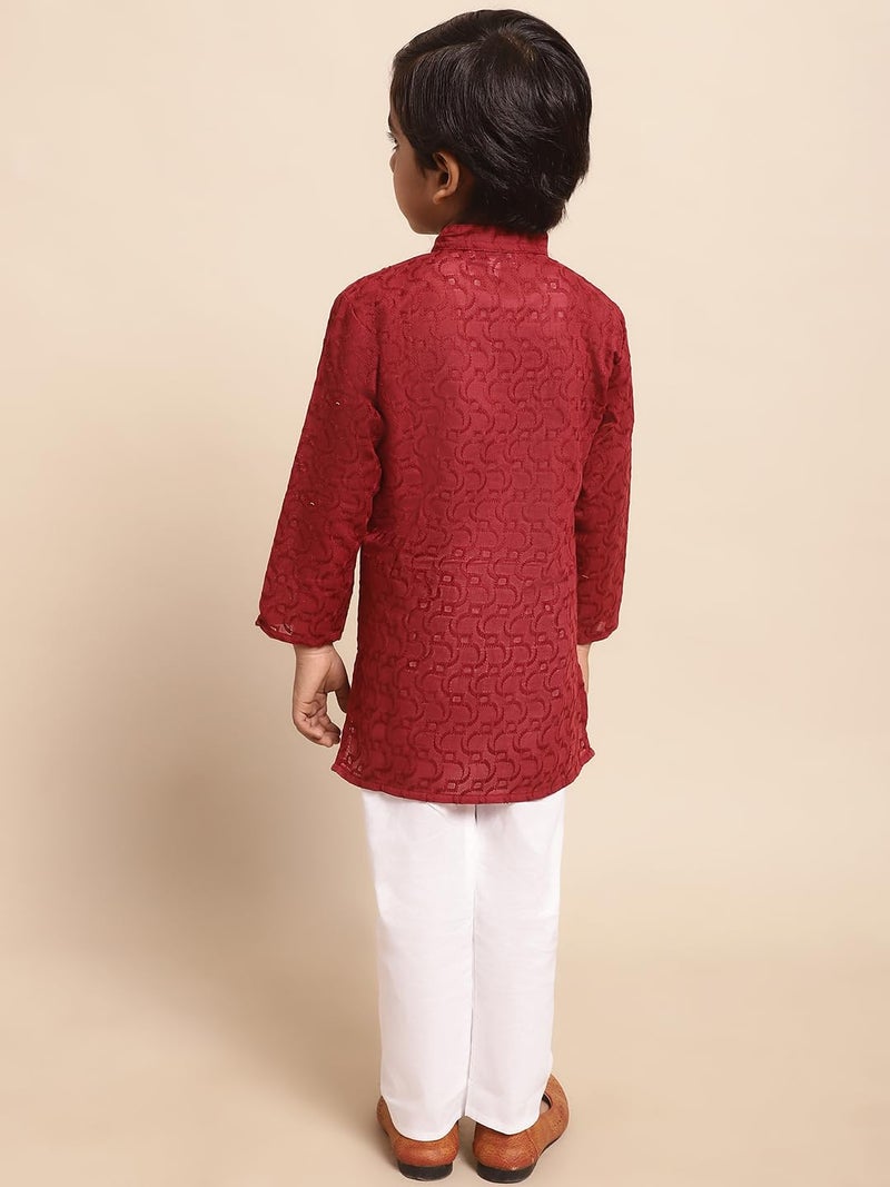 superminis Baby Boys Ethnic Wear Colored Cotton Chikankari Kurta, Round Collar, Full Sleeves With White Pyjama, Kurta Set (Maroon, 12-18 Months) - Image 3