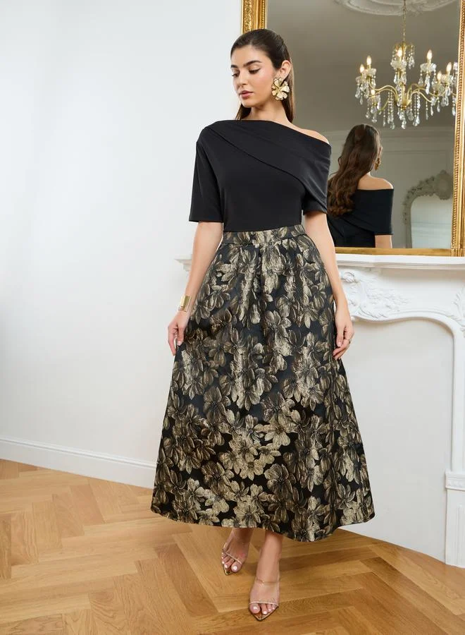 Styli  Women Gold Floral Off Shoulder A-Line Maxi Dress for Women | Best Price UAE