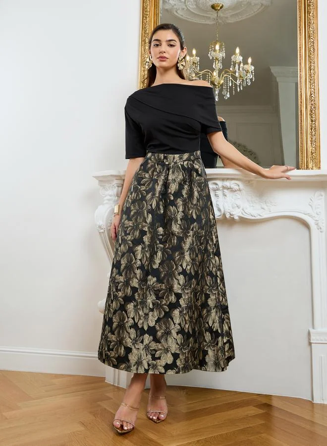 Women Gold Floral Off Shoulder A-Line Maxi Dress