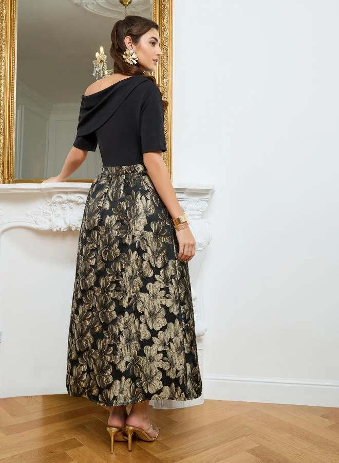 Styli  Women Gold Floral Off Shoulder A-Line Maxi Dress for Women | Best Price UAE