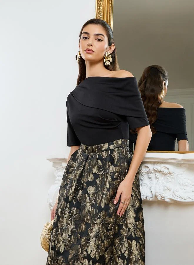 Styli  Women Gold Floral Off Shoulder A-Line Maxi Dress for Women | Best Price UAE