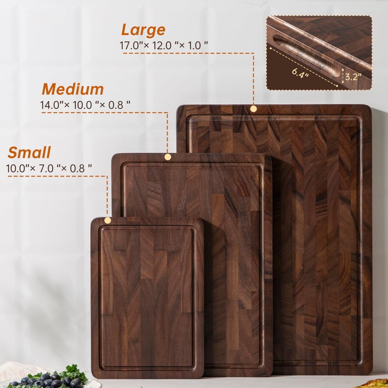 THETCHRY Walnut Wood Cutting Board Set, End Grain Cutting Boards for Kitchen with Handle, Non Toxic Wooden Charcuterie Boards Double Sided, Butcher Block for Meal Prep & Serving with Gift Box - Image 5