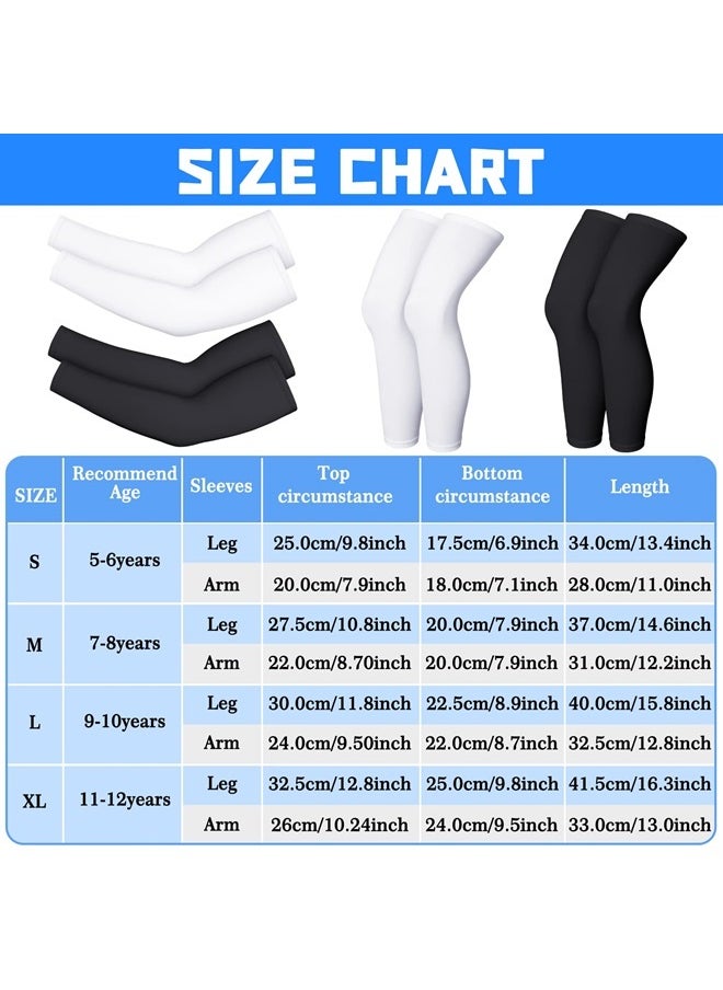 Charniol - 4 Pairs Kids Arm Sleeves for Basketball Kids Long Compression Leg Sleeves and Compression Arm Sleeves Youth Basketball Leg Sleeves (Black and White,Medium) - Image 1