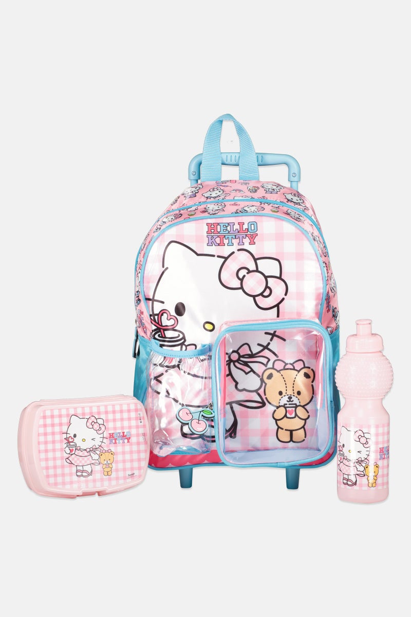 Sanrio حقيبة ترولي للبنات من هالو كيتي مع زجاجة ماء بلاستيكية وعلبة غداء، متعددة الألوان - Image 1