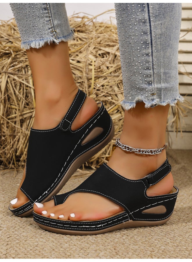 European And American Plus-size Women's Shoes New Wedge Heel Thong Sandals,  Summer Velcro Beach Slippers