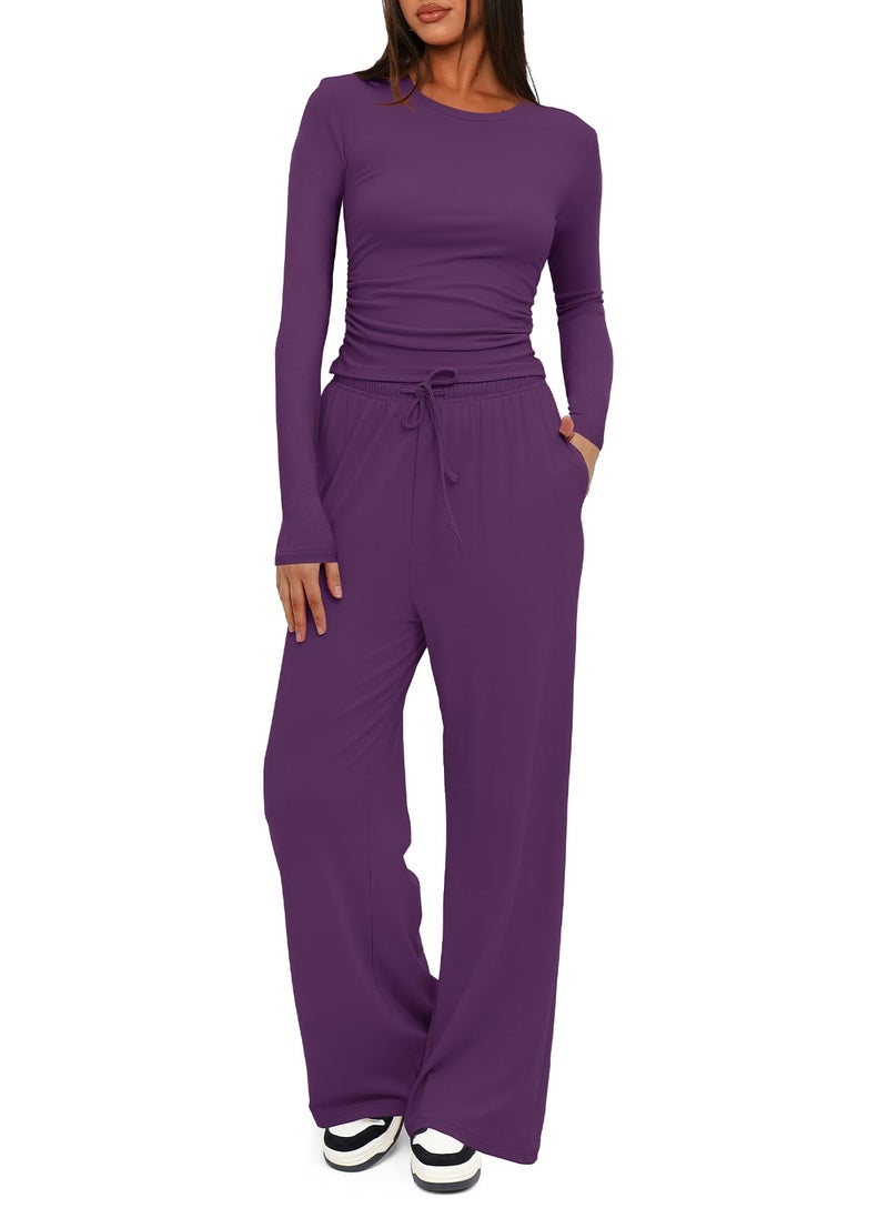Darong Lounge Sets for Women 2 Piece Vacation Outfits Long Sleeve Tops with Side Ruched Wide Leg Pants Matching Sets 9065A Purple L - Image 1