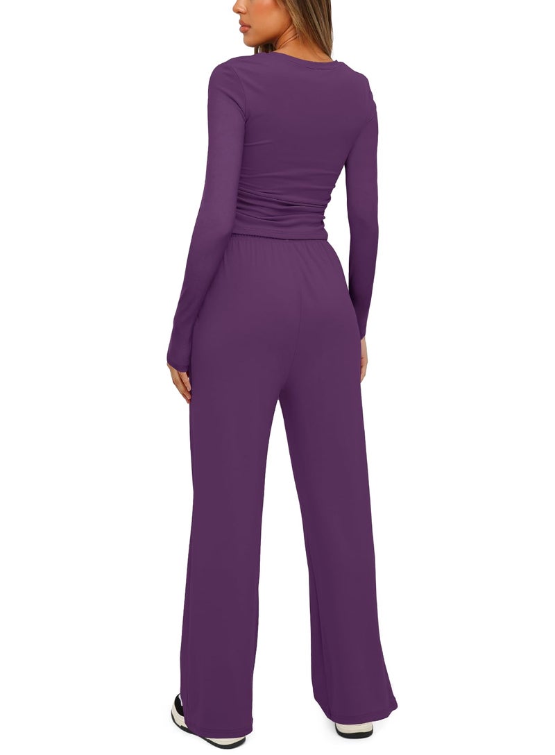 Darong Lounge Sets for Women 2 Piece Vacation Outfits Long Sleeve Tops with Side Ruched Wide Leg Pants Matching Sets 9065A Purple L - Image 2