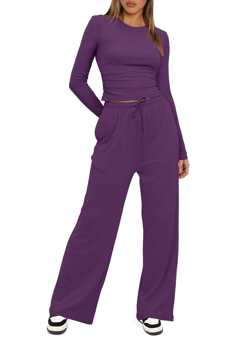 Darong Lounge Sets for Women 2 Piece Vacation Outfits Long Sleeve Tops with Side Ruched Wide Leg Pants Matching Sets 9065A Purple L - Image 3