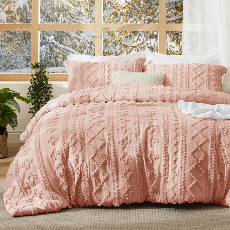 Bedsure Tufted Boho Comforter Set Queen Size - Light Pink Boho Bed Set, GentleSoftâ„¢ 3 Pieces Farmhouse Shabby Chic Embroidery Bedding, Gifts for Woman, Soft Jacquard Queen Comforter for All Seasons - Image 1
