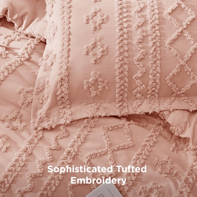 Bedsure Tufted Boho Comforter Set Queen Size - Light Pink Boho Bed Set, GentleSoftâ„¢ 3 Pieces Farmhouse Shabby Chic Embroidery Bedding, Gifts for Woman, Soft Jacquard Queen Comforter for All Seasons - Image 4