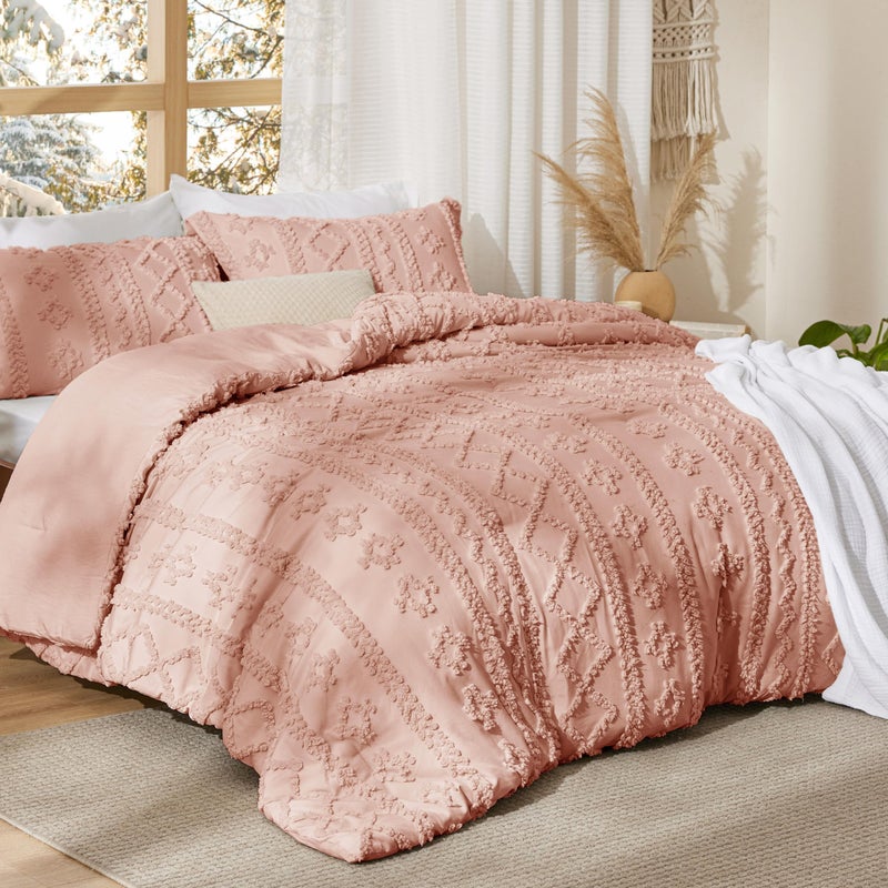 Bedsure Tufted Boho Comforter Set Queen Size - Light Pink Boho Bed Set, GentleSoftâ„¢ 3 Pieces Farmhouse Shabby Chic Embroidery Bedding, Gifts for Woman, Soft Jacquard Queen Comforter for All Seasons - Image 2