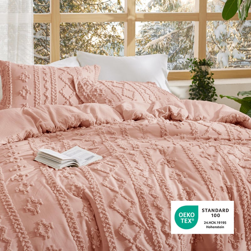 Bedsure Tufted Boho Comforter Set Queen Size - Light Pink Boho Bed Set, GentleSoftâ„¢ 3 Pieces Farmhouse Shabby Chic Embroidery Bedding, Gifts for Woman, Soft Jacquard Queen Comforter for All Seasons - Image 5