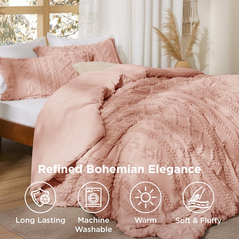 Bedsure Tufted Boho Comforter Set Queen Size - Light Pink Boho Bed Set, GentleSoftâ„¢ 3 Pieces Farmhouse Shabby Chic Embroidery Bedding, Gifts for Woman, Soft Jacquard Queen Comforter for All Seasons - Image 3