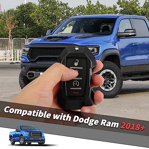 Jimen for Ram Key Fob Cover, Key Fob Case Compatible with Dodge Ram 1500 2500 3500 2018-2023, 4 Buttons Keyless Entry Smart Car Key Shell Cover Protector, Aluminum Alloy (Black) - Image 2