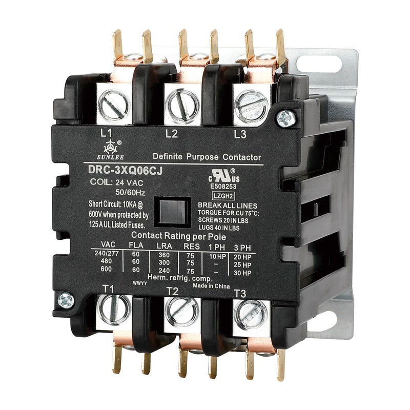 SUNLEE 60 Amp 3 pole Contactor 24v coil Definite Purpose Contactor A2L Compliant UL Recognized & Approved for UL 60335 HVAC Contactor 42EF35AJ equivalent NEMA - Image 1