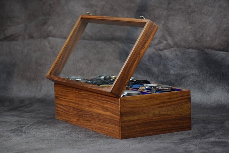 Royal Craft Expertise صندوق ساعات للرجال، صناديق ساعات خشبية، صندوق علبة ساعات للرجال، صندوق حارس الزمن من خشب الورد الهندي مع غطاء مفصلي، صندوق تخزين الساعات، صندوق منظم عرض (بني داكن-10 أدراج) - Image 1