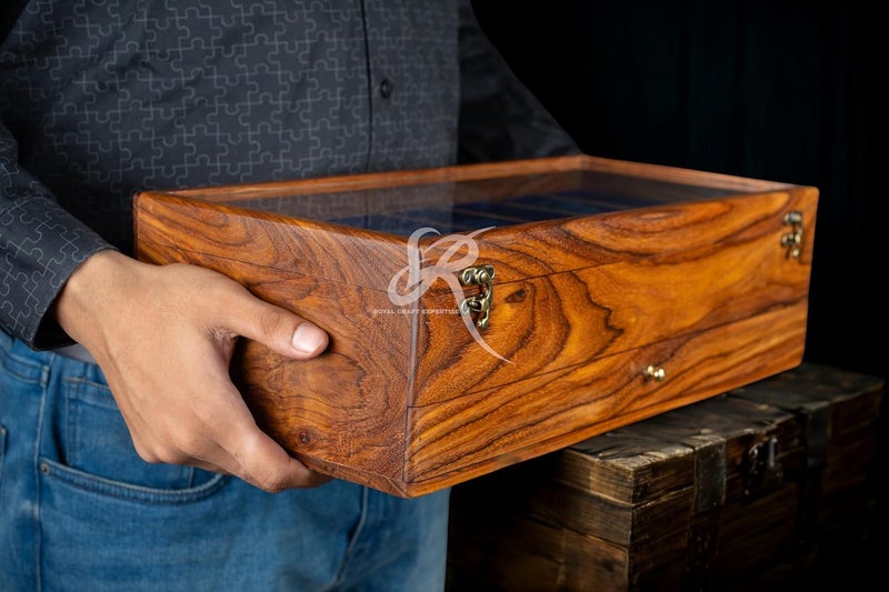 Royal Craft Expertise صندوق ساعات للرجال، صناديق ساعات خشبية، صندوق علبة ساعات للرجال، صندوق حارس الزمن من خشب الورد الهندي مع غطاء مفصلي، صندوق تخزين الساعات، صندوق منظم عرض (بني داكن-10 أدراج) - Image 2