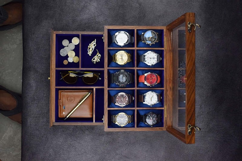 Royal Craft Expertise صندوق ساعات للرجال، صناديق ساعات خشبية، صندوق علبة ساعات للرجال، صندوق حارس الزمن من خشب الورد الهندي مع غطاء مفصلي، صندوق تخزين الساعات، صندوق منظم عرض (بني داكن-10 أدراج) - Image 3