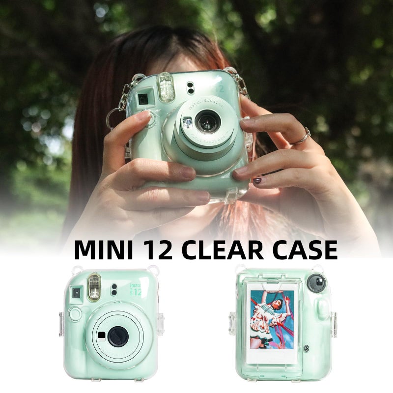 CAIYOULE حافظة CAIYOULE Mini 12 الشفافة - حافظة كاميرا واقية متوافقة مع Fujifilm Instax Mini 12، حافظة كاميرا صلبة من مادة PC مع تخزين للصور، مع 2 حزام وملصقات (بدون كاميرا) - Image 3