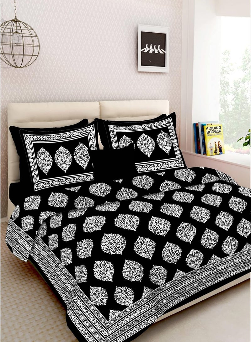 BEDZONE Cotton Jaipuri Paisley Print Flat Bedsheet Rajasthani Traditional Design QueenSize Bed Sheets with 2 Pillow Covers for Home Hotel Bedroom Black - Image 1