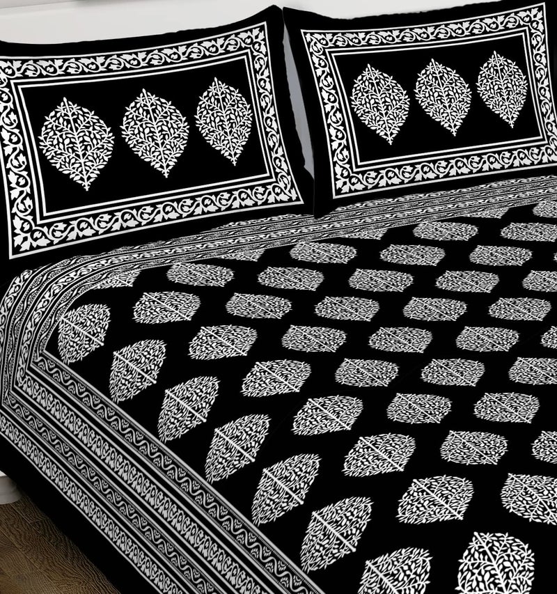 BEDZONE Cotton Jaipuri Paisley Print Flat Bedsheet Rajasthani Traditional Design QueenSize Bed Sheets with 2 Pillow Covers for Home Hotel Bedroom Black - Image 2