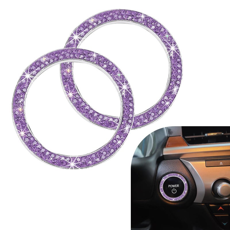 Ferianl 2PCS Car Engine Start Decoration Ring Bling Crystal Double Rhinestone Push to Start Button Cover Sticker Car Interior Accessories for WomenFit for Key Ignition Knob Ring DecorationPurple - Image 3