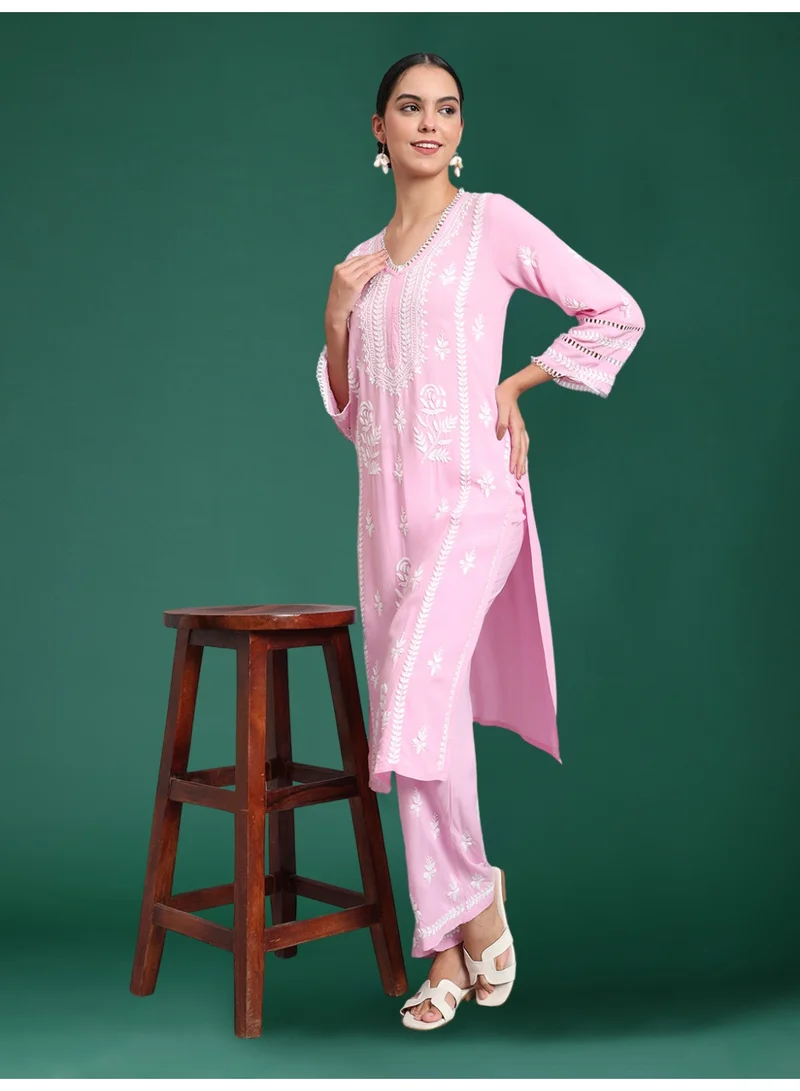 Alaya Women Hand Embroidered Lucknowi Chikankari Rayon Kurta Set-AL4078KS