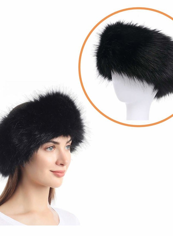 LA CARRIE Faux Fur Headband with Stretch Women's Winter Earwarmer Earmuff (Black & Natural) - Image 2