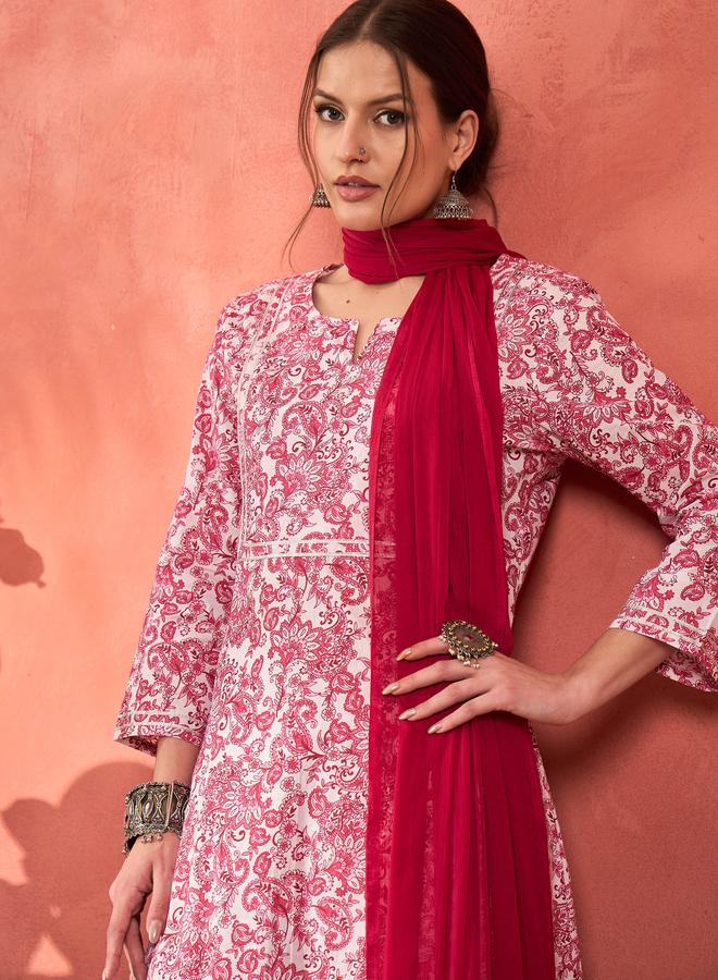 SASSAFRAS Pink and White Cambric Kurta with Pencil Pants and Dupatta Set - Image 1