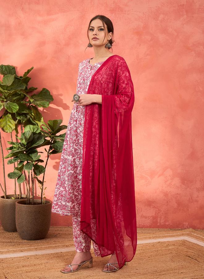 SASSAFRAS Pink and White Cambric Kurta with Pencil Pants and Dupatta Set - Image 3