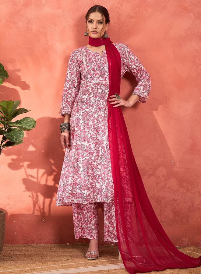 SASSAFRAS Pink and White Cambric Kurta with Pencil Pants and Dupatta Set - Image 2