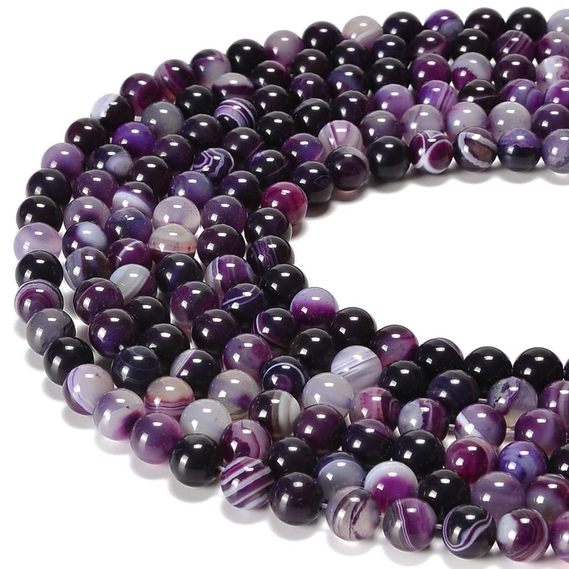 jodaying 10mm Purple Stripe Agate Smooth Round Natural Gematone Loose Beads for Jewelry Making DIY Findings 1 Strand 15