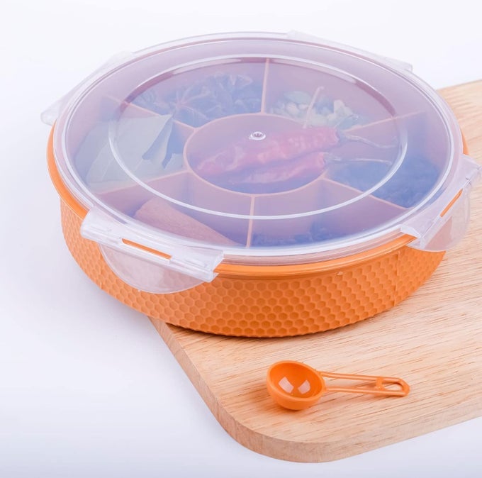 7 SECTION ROUND SHAPE STORAGE BOX FOR STORING SPICE DRY FRUITS HERBS MASALA BOX WITH TRANSPARENT LID LEAK PROOF AIR TIGHT PLASTIC MASALA DABBA MASALA CONTAINER PACK OF 1