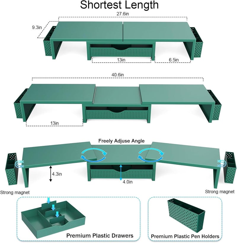 gianotter Dual Monitor Riser Stand, Desk Organizer with Drawer and 2 Pencil Holders, Monitor Stand for Desk, Office Decor Essentials (Green) - Image 5