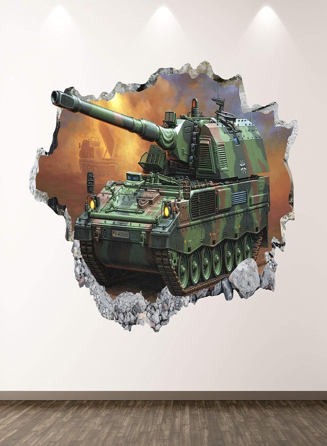 Military Tank Wall Decal Art Decor 3D Smashed Army Sticker Poster Kids Room Mural Custom Gift BL155 (30"W x 18"H)