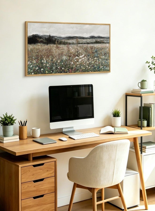 KUVIOKE Vintage Landscape Framed Wall Art 20x40in Large Meadow Sea of Flower Field Wall Prints Classic Retro Farmhouse Rustic Decorations for Living Room Bedroom (Natural Framed) - Image 2